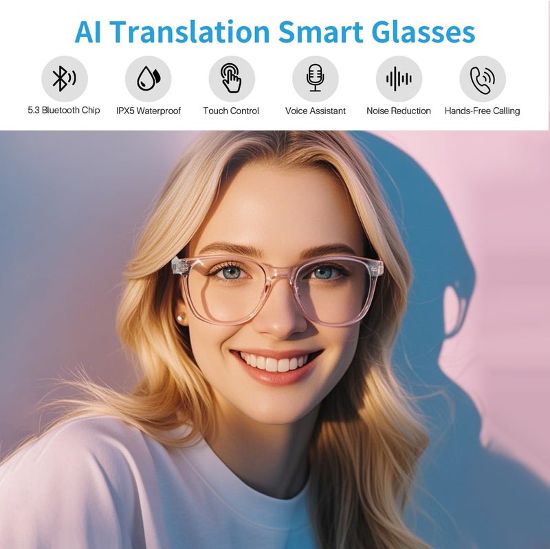 Tulbeys Smart Glasses for Women, AI Translation Bluetooth Glasses, Real-Time Translator, Open Ear Blue Light Filtering Lenses, Supports 165+ Languages, language translator for Traveling Learning(Clear) - Image 2